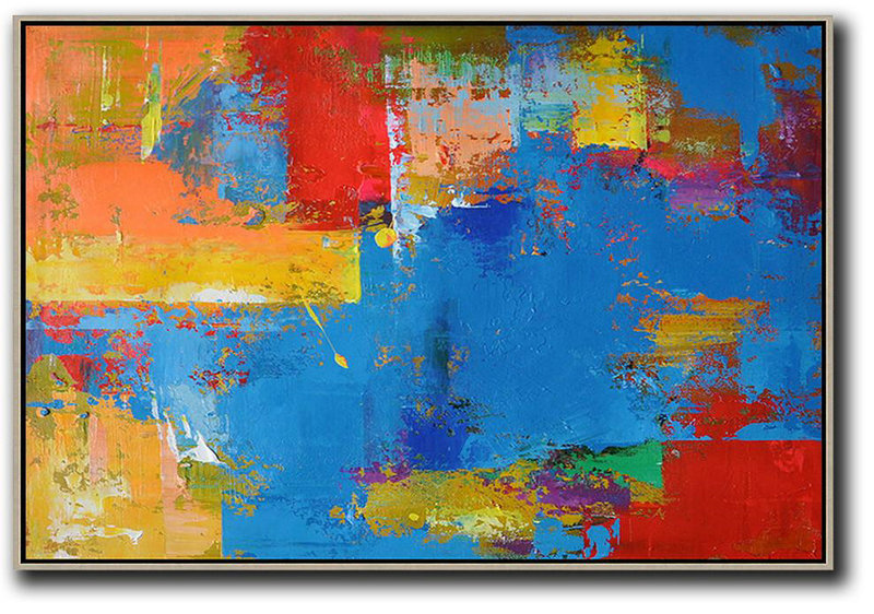 Contemporary Art Wall Decor,Horizontal Palette Knife Contemporary Art,Hand Painted Aclylic Painting On Canvas Blue,Red,Yellow,Orange